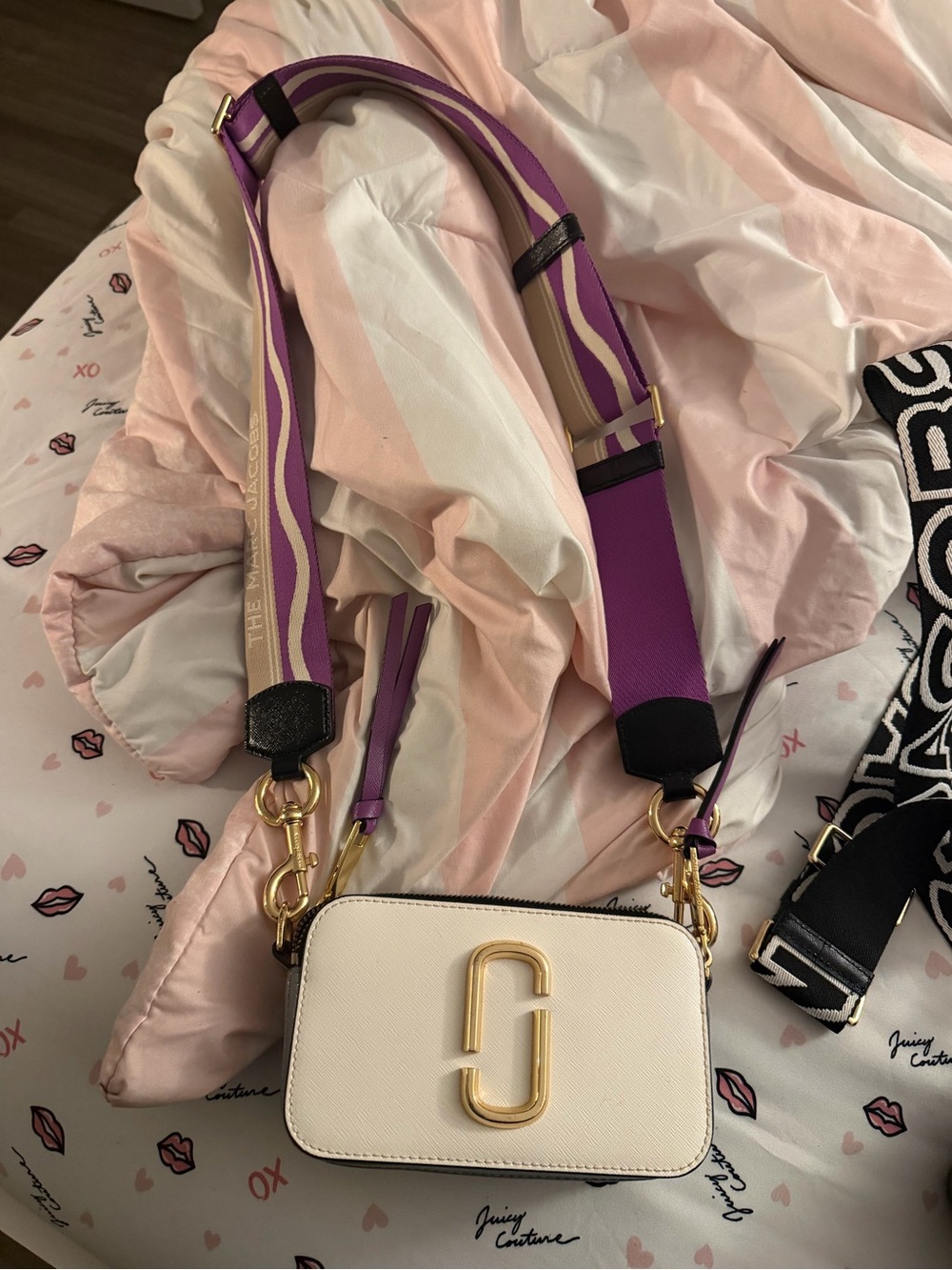 Cream Crossbody Camera Bag with Purple Accent Strap